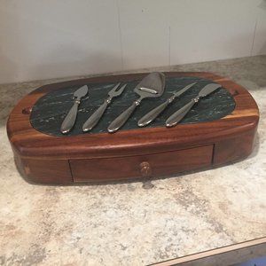 Marble and Wood Cheeseboard with Drawer & 5 Utensils